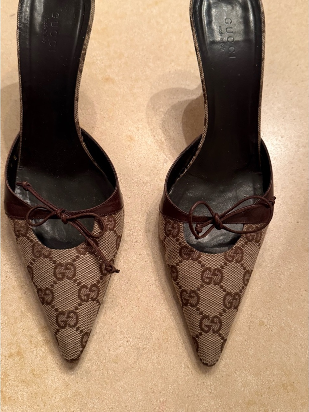 Gucci Brown GG Canvas Pointed Mules with Bow Trim